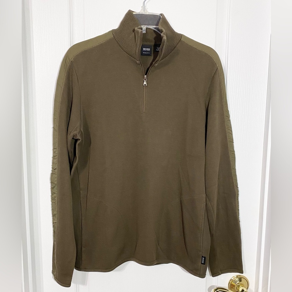 BOSS Hugo Boss 1/4 Zip Mock Neck Tonal Sleeve Stripe Knit Sweater Olive Large